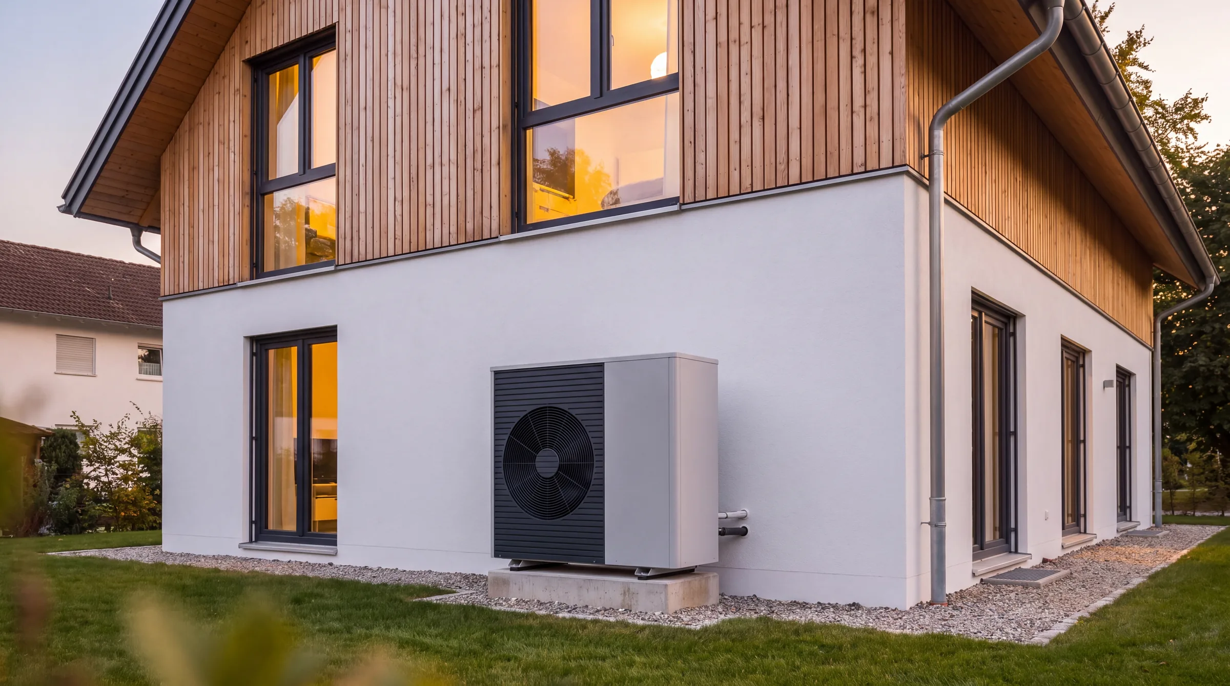 Luft-Wasser-Wärmepumpe auf einem Betonsockel an einem Wohnhaus mit Lärchenfassade, Abendlicht und warm erleuchtete Fenster