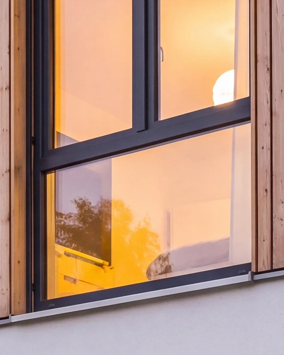 Fenster mit warmem Licht in einer Lärchenholzfassade